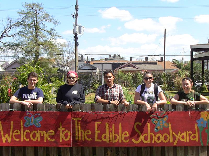 Tulane students earning leadership credits at the Edible Schoolyard